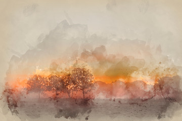 Digital watercolour painting of Stunning vibrant Autumn foggy sunrise English countryside landscape image