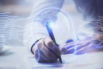 Man with multi exposure brain theme icons.