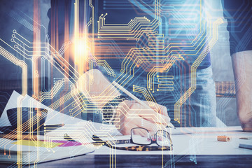 Man with multi exposure global network theme icons.