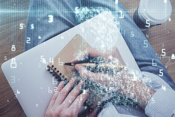 Writing human hands with data theme multi exposure icons.