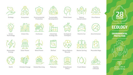 Ecology outline color icon set with eco city, green technology, renewable energy, environmental protection, sustainable development, climate change and global warming editable stroke line symbols.