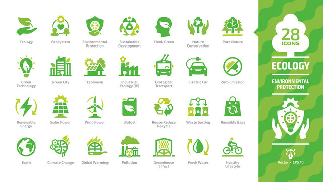 Ecology green icon set with ecological city, eco technology, renewable energy, environmental protection, sustainable development, nature conservation, climate change and global warming symbols.
