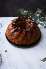 Festive bundt cake with dates and salted caramel. Sticky toffee pudding style