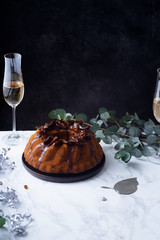 Festive bundt cake with dates and salted caramel. Sticky toffee pudding style