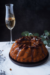 Festive bundt cake with dates and salted caramel. Sticky toffee pudding style