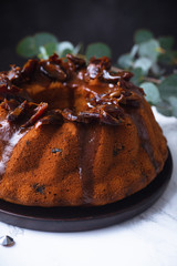Festive bundt cake with dates and salted caramel. Sticky toffee pudding style