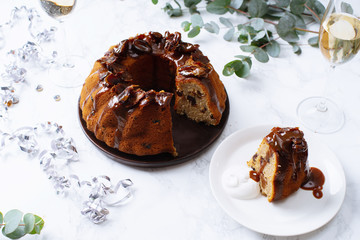 Festive bundt cake with dates and salted caramel. Sticky toffee pudding style