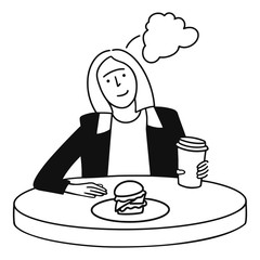 Cartoon image of a girl eating at a cafe