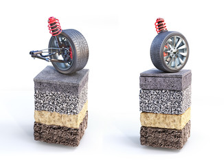 Car suspension on the piece of road. Can see road structure. 3d illustration