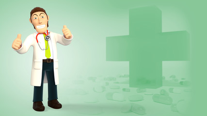 Young cartoon 3d doctor happy and smiling with his thumbs up, in white coat with a stethoscope, isolated on green background with medical cross and pills 3d rendering