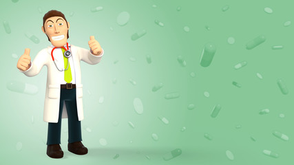 Young cartoon 3d doctor happy and smiling with his thumbs up, in white coat wearing a stethoscope, isolated on green background with falling pills and tablets 3d rendering