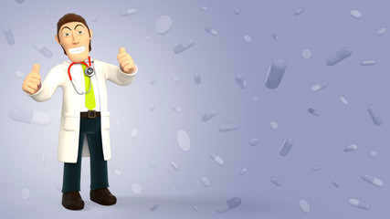 Young cartoon 3d doctor happy and smiling with his thumbs up, in white coat wearing a stethoscope, isolated on purple background with falling pills and tablets 3d rendering