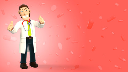 Young cartoon 3d doctor happy and smiling with his thumbs up, in white coat wearing a stethoscope, isolated on red background with falling pills and tablets 3d rendering