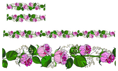 A beautiful set of seamless brushes,  of roses, flowers and leaves, on a white background. Exquisite pattern for invitation decoration.  Romantic pink roses with wild herbs.  