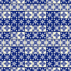 Vector tile pattern, Lisbon floral mosaic, Mediterranean seamless navy blue ornament