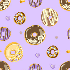Glazed Donuts seamless pattern. Bakery Vector illustration. Top View doughnuts