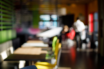 Defocused, blurred photo interior of modern cafe