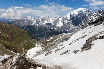 View from the Stelvio Pass, the highest automobile pass in Italy, 2758 metres , located between Trentino-Alto Adige and Lombardy, Italy.