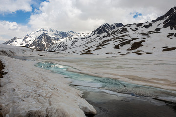 View from the Gavia pass, an alpine pass of the Southern Rhaetian Alps, marking the administrative border between the provinces of Sondrio and Brescia, Italy.