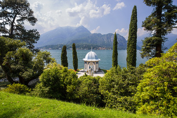 BELLAGIO, ITALY, JUNE 19, 2019 - Tea house in the gardens of Villa Melzi, Bellagio, Como Lake, Italy