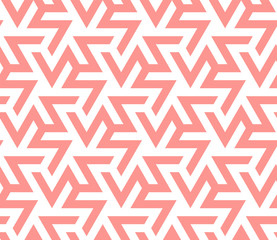 Living coral color seamless geometric pattern. Color of the 2019 year. Vector repeating texture for fabric design, cloth, textile.