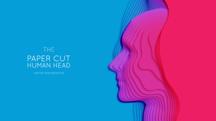 Vector 3D abstract paper cut human head. Colorful carving art. Paper craft head profile with gradient fade colors. Minimalistic design layout for business presentations, flyers, posters.