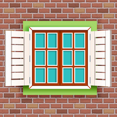 Retro vintage wooden window on red raw brick wall seamless pattern background decoration vector illustration