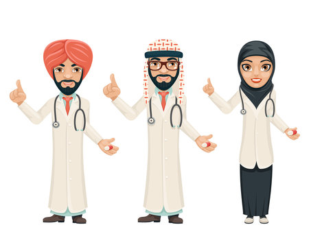 Quality treatment arab traditional national muslim clothes doctor pill medicine cartoon characters set design vector illustration