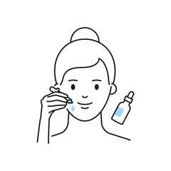 Vector illustration of woman apply facial serum outline style