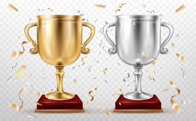 Gold and silver cups, sport competition trophy, championship goblets on red wood stand, falling foil confetti isolated on transparent background. Winner precious prize, leadership. Realistic 3d vector