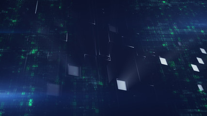 Sci-fi wall panel and digital matrix code 3D render