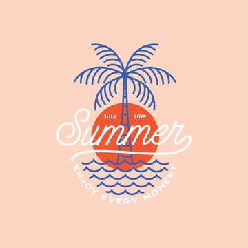 Summer Vibes logo, poster and banner design in trendy linear style - lettering and icons