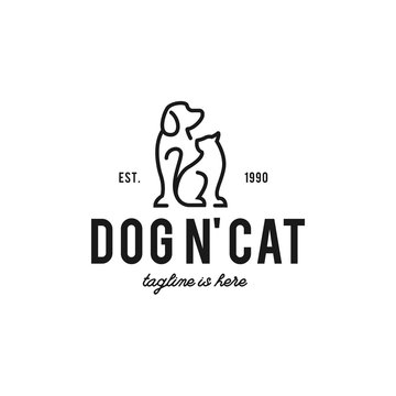 Dog and Cat logo hipster retro vintage label vector icon illustration