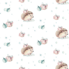 Watercolor Merry Christmas seamless patterns with christmas tree, holiday cute baby hedgehog animals. Christmas tree celebration paper. Winter new year design. © kris_art