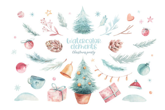 Christmas holiday mood. Hand drawn watercolor illustration. A set of objects in Chrismas theme. Pine cones, floral branches, red berries, christmas tree and a gift box on the white background.