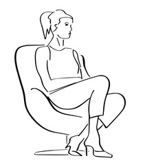 Young woman sitting in armchair in a closed pose. Silhouette of the interviewer, interviewee, correspondent, questioner or TV host. Hand drawn outlines. Black lines drawing. Vector isolated contour.