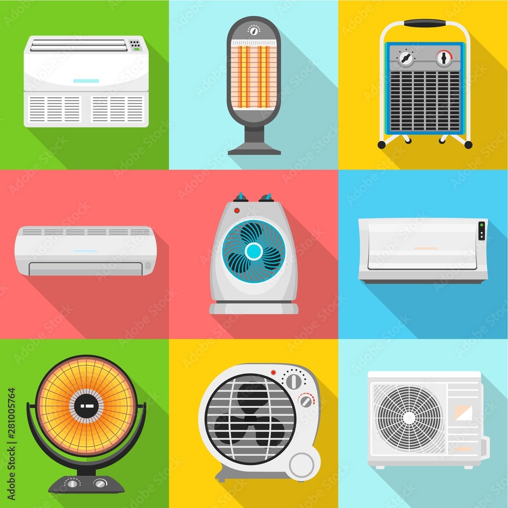 Poster heater icon set. flat set of 9 heater vector icons for web design isolated on white background