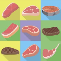 Fresh steak icon set. Flat set of 9 fresh steak vector icons for web design isolated on white background