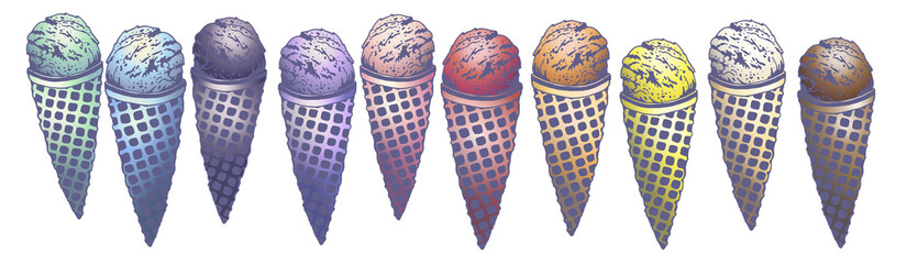 Vector hand drawn set of ice cream flavor cherry, strawberry, orange, lemon, mint, berries, chocolate, vanilla, blue curacao ice cream, blueberry. Drawn in graphic and real-style by lines. Retro