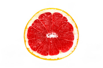 Half a juicy grapefruit isolated on white background. Exotic fruit. Pulp grapefruit. The middle. Citruses.