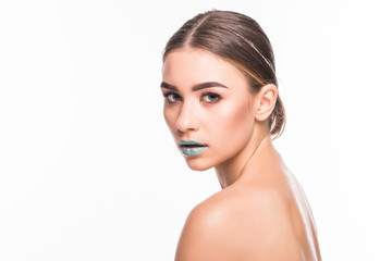 Naklejka premium Beauty face makeup. Make up. Eyelashes extensions. Perfect Make-up closeup. Foundation. Cosmetic Eyeshadows, eyebrows. Beauty Girl with Perfect Skin. Eyelashes. Makeover