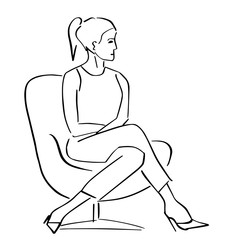 Young woman sitting in armchair in a closed pose. Silhouette of the interviewer, interviewee, correspondent, questioner or TV host. Hand drawn outlines. Black lines drawing. Vector isolated contour.