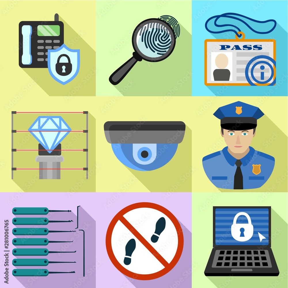 Poster building security icon set. flat set of 9 building security vector icons for web design isolated on 