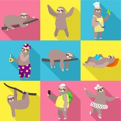 Sloth icon set. Flat set of 9 sloth vector icons for web design isolated on white background © nsit0108