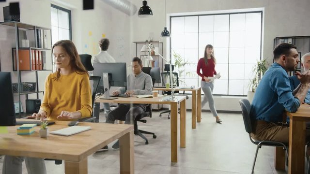 In the Stylish Modern Office: Diverse Group of Enthusiastic Business Marketing Professionals Use Computers, Have Meetings, Discussing Project Ideas, Brainstorming Startup Company Strategy