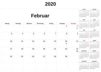 2020 a monthly calendar  with white background in German.