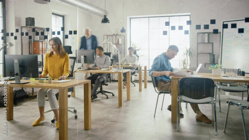 Poster time-lapse in the stylish modern office: diverse group of enthusiastic business marketing profession