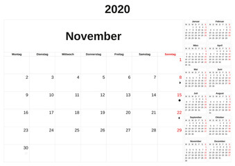 2020 a monthly calendar  with white background in German.