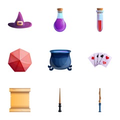 Magician tools icon set. Cartoon set of 9 magician tools vector icons for web design isolated on white background