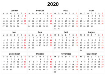 2020 annual calendar with white background.